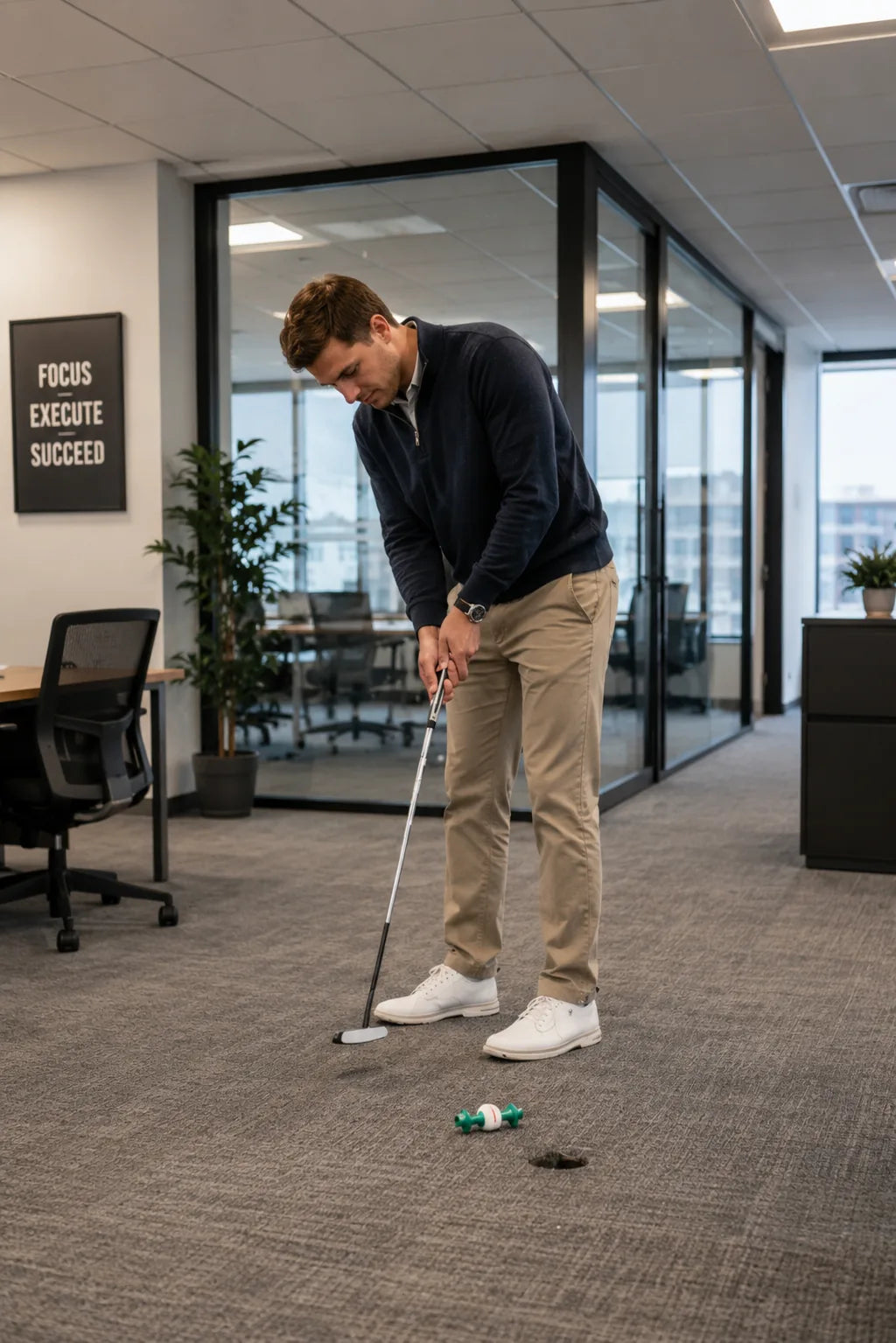 Putting across an office carpet toward a cup with the Line Lion