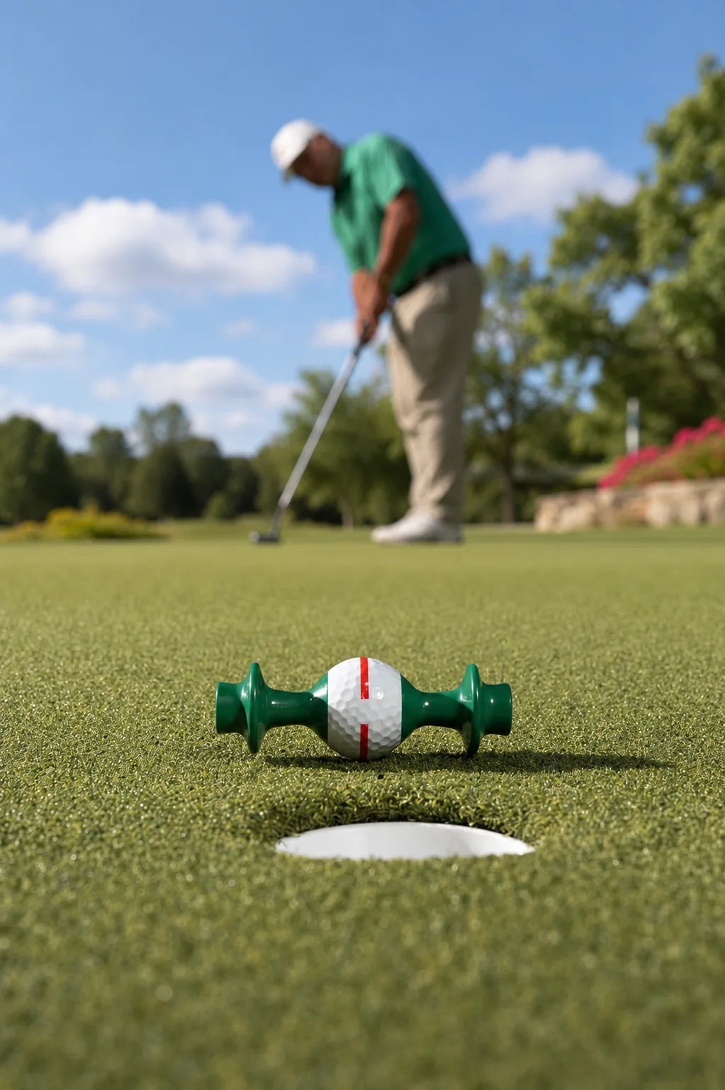 Line Lion lined up in front of the hole with a golfer addressing the putt behind it