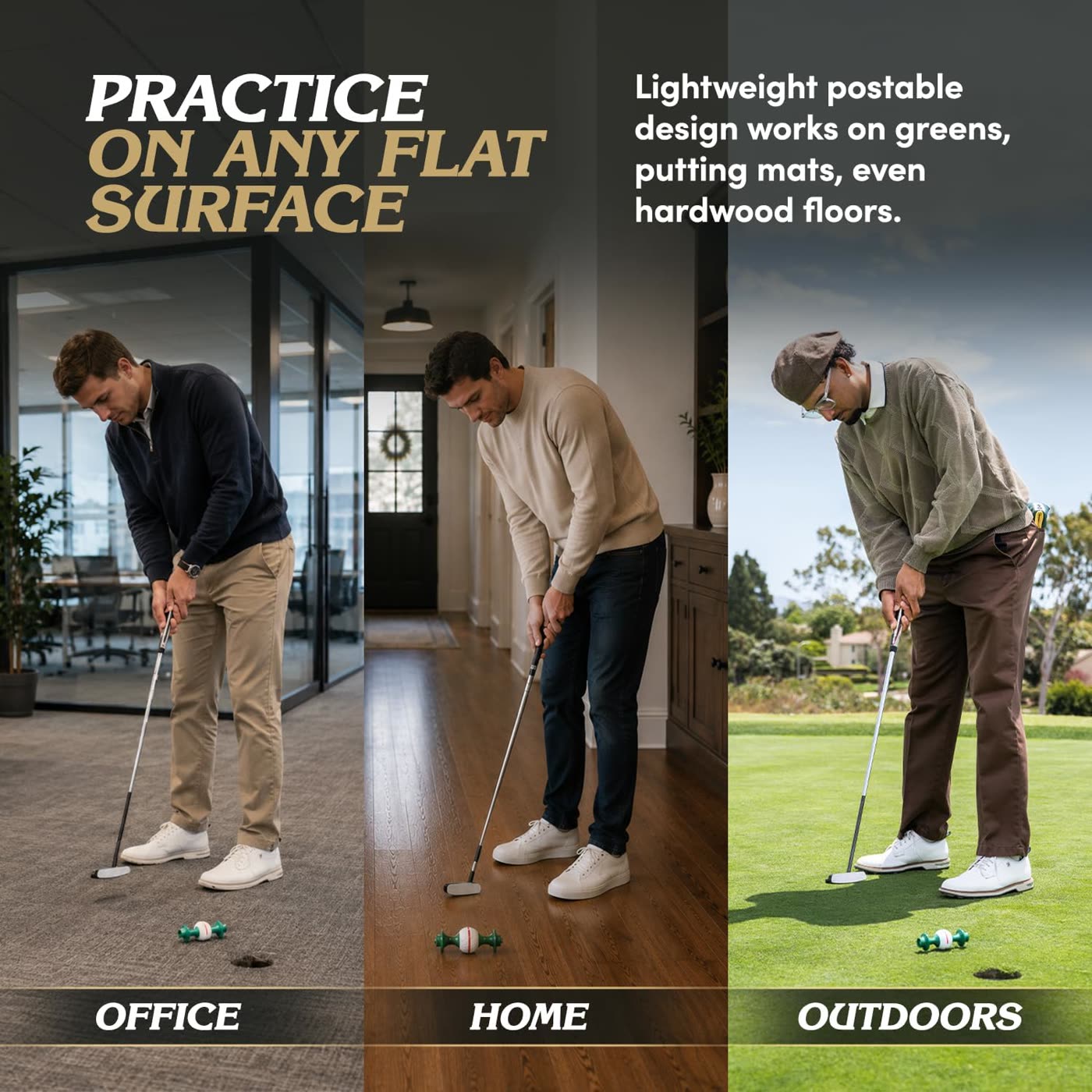 Practice on any flat surface: office, home, outdoors